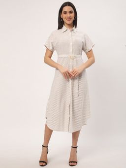 R&B - Women Beige Stripes Collar Neck Half Sleeves Shirt Midi Dress with Belt