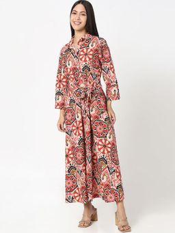 R&B - Women Red Ethnic Print Collar Neck Full Sleeves Shirt Maxi Dress with Belt