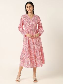 R&B - Women Pink Ethnic Print V-Neck Full Sleeves Flared Midi Dress