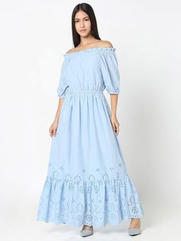 R&B - Women Blue Self Design Off Shoulder Half Sleeves Flared Maxi Dress