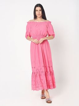 R&B - Women Pink Self Design Off Shoulder Half Sleeves Flared Maxi Dress