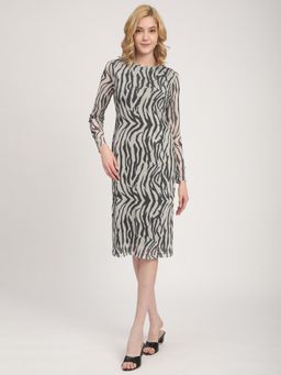 R&B - Women Black Animal Print Crew Neck Full Sleeves A-Line Knee Length Dress