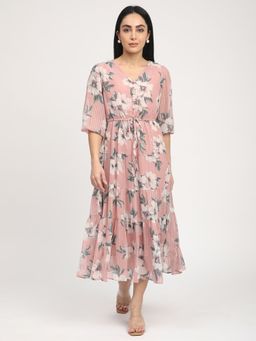 R&B - Women Pink Floral Print V-Neck Three Fourth Sleeves Flared Midi Dress