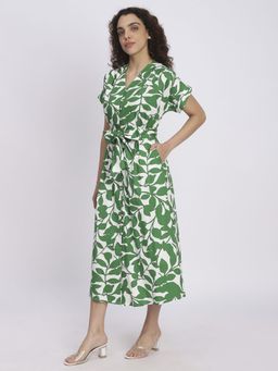 R&B - Women Green Nature Print V-Neck Half Sleeves Wrap Midi Dress with Belt