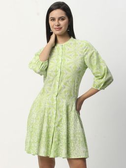 R&B - Women Green Geometric Print Mandarin Neck A-Line Mini Dress
