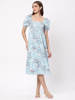 R&B - Women Blue Abstract Print Square Neck Half Sleeves Flared Midi Dress