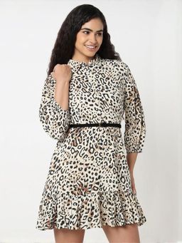 R&B - Women Beige Animal Print Collar Neck Full Sleeves Wrap Mini Dress