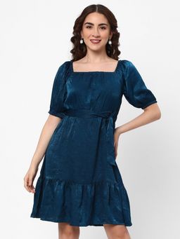 R&B - Women Blue Solid Square Neck Half Sleeves A-Line Mini Dress with Belt