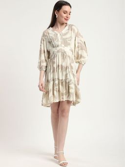 R&B - Women Off White Floral Print V-Neck Flared Mini Dress