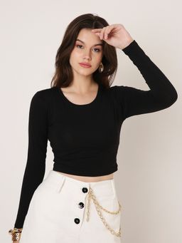 BLNK - Black Full-Sleeve Fitted Crop T-Shirt