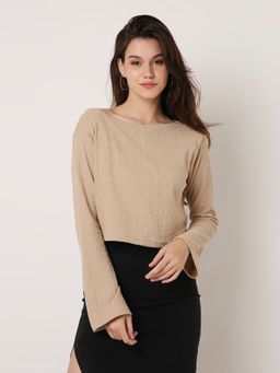 BLNK - Beige Textured Boat-Neck Full Sleeve Crop T-Shirt