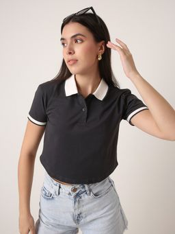 BLNK - Charcoal Grey Contrast Collar Crop Polo T-Shirt