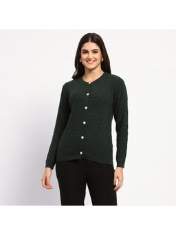 Madame - Shimmer Cable Knit Pearl Buttoned Bottle Green Cardigan