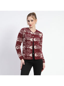 Madame - Abstract Print Wine Red Button Down Cardigan
