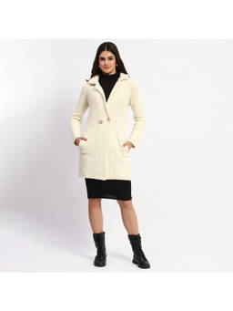 Madame - Single Breasted Lapel Notch Off White Cardigan