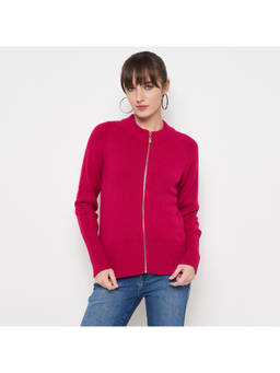 Madame - Acrylic Blend Zipped Hot Pink Sweater