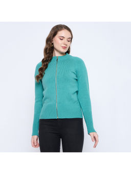 Madame - Solid Sea Green Acrylic Zipped Sweater