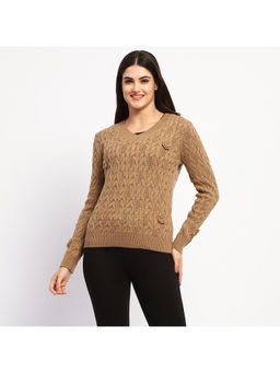 Madame - Cable Knit Applique Flower Brown Sweater