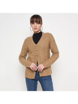Madame - Camel Beige Cable Knit Acrylic Cardigan