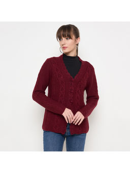 Madame - Maroon Cable Knit Acrylic Cardigan