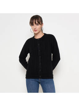 Madame - Self Design Round Neck Black Cardigan