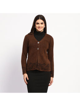 Madame - Cable Knit Botanical Print Buttoned Brown Cardigan