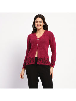 Madame - Cable Knit Botanical Print Buttoned Fuchsia Pink Cardigan