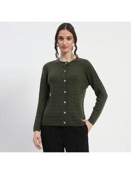 Madame - Cable Knit Self Design Olive Cardigan