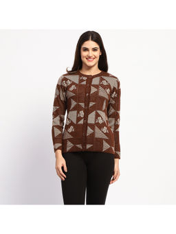 Madame - Round Neck Geometric Print Brown Cardigan