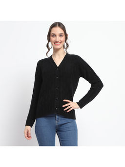 Madame - Cable Knit V Neck Black Acrylic Blend Cardigan