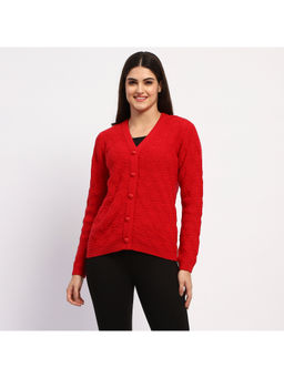 Madame - Cable Knit Glossy Buttoned Red Acrylic Cardigan