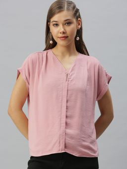 SHOWOFF - Women V-Neck Solid Pink Regular Top