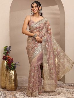 Libas - Mauve Organza Saree with Unstitched Blouse