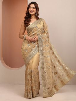Libas - Beige Organza Saree with Unstitched Blouse