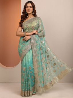 Libas - Green Organza Saree with Unstitched Blouse