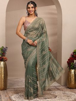 Libas - Green Organza Saree with Unstitched Blouse