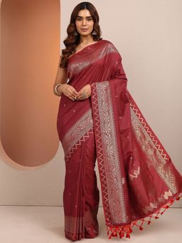 Libas - Maroon Woven Design Silk Blend Saree with Unstitched Blouse
