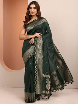 Libas - Green Woven Design Silk Blend Saree with Unstitched Blouse