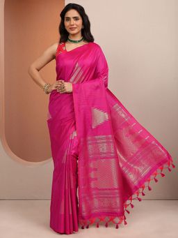 Libas - Pink Woven Design Silk Blend Saree with Unstitched Blouse