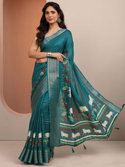 Libas - Teal Woven Silk Blend Saree with Unstitched Blouse