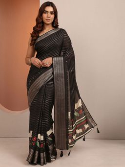 Libas - Black Woven Silk Blend Saree with Unstitched Blouse