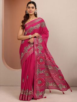 Libas - Pink Woven Silk Blend Saree with Unstitched Blouse