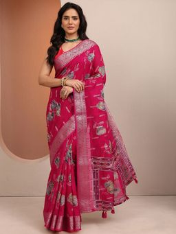 Libas - Pink Woven Silk Blend Saree with Unstitched Blouse