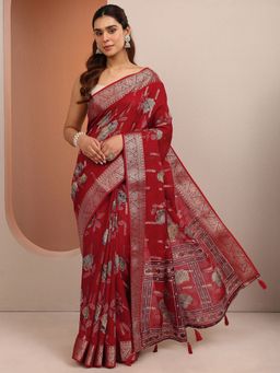 Libas - Red Woven Silk Blend Saree with Unstitched Blouse