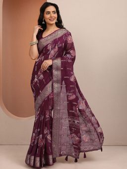 Libas - Burgundy Woven Silk Blend Saree with Unstitched Blouse