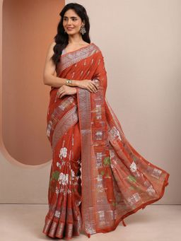 Libas - Rust Woven Silk Blend Saree with Unstitched Blouse