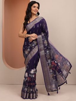 Libas - Purple Woven Silk Blend Saree with Unstitched Blouse