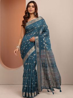 Libas - Blue Woven Silk Blend Saree with Unstitched Blouse