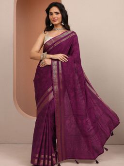 Libas - Burgundy Woven Silk Blend Saree with Unstitched Blouse