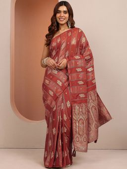 Libas - Rust Woven Design Silk Blend Saree with Unstitched Blouse